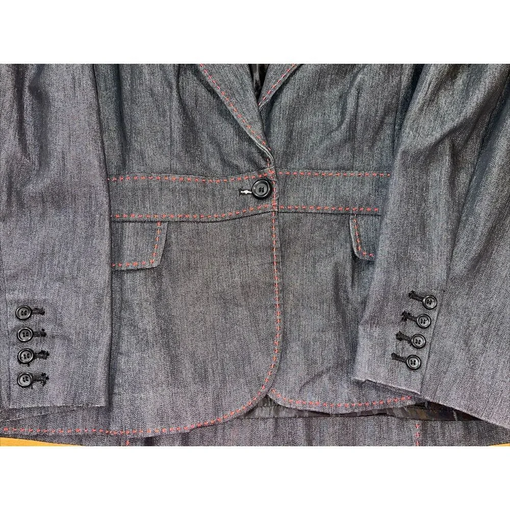 Lane Bryant Blazer Women 26‎ Dark Chambray Embroidered Red Stitched Peak Lapel